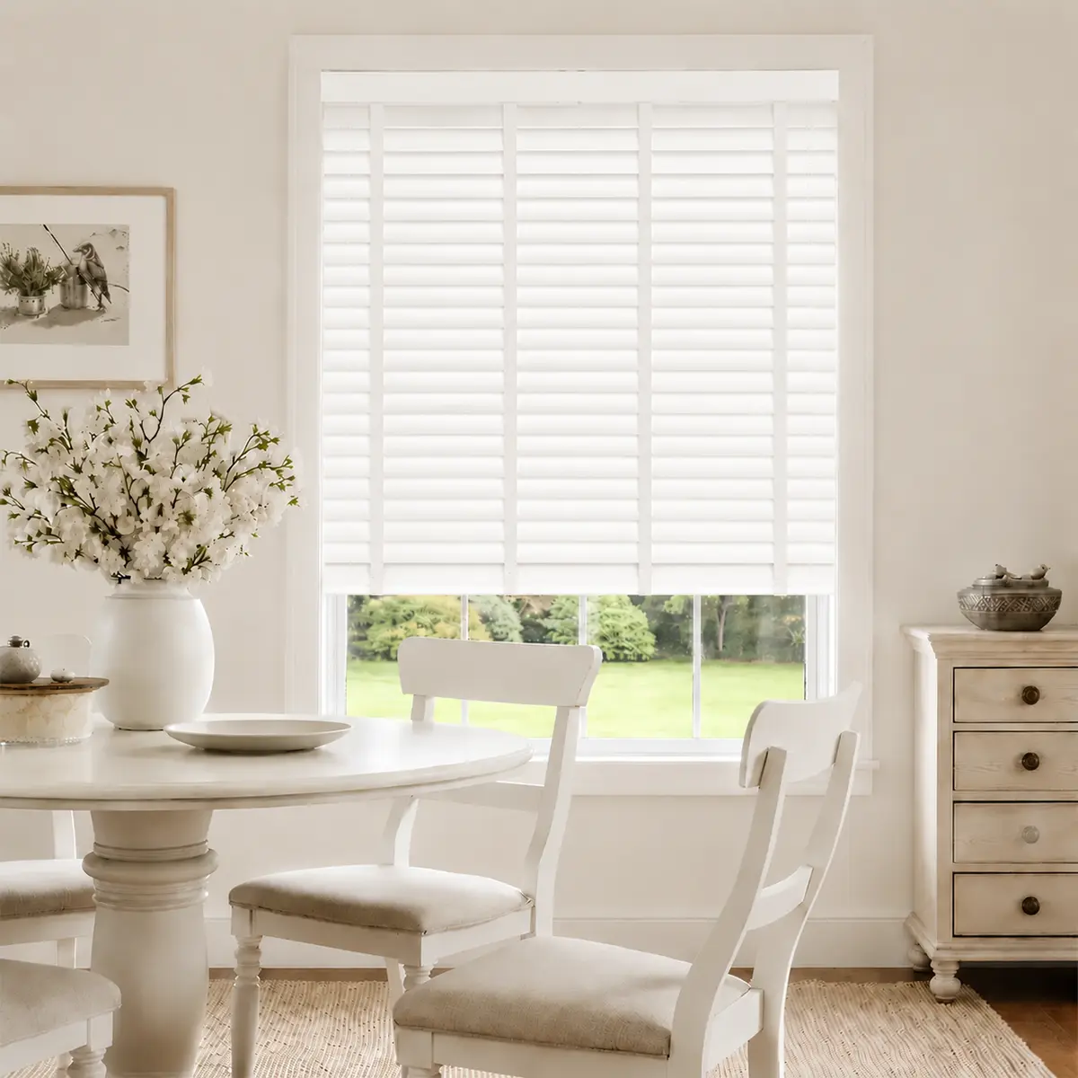 Interior with fabric blinds and soft neutral furnishings