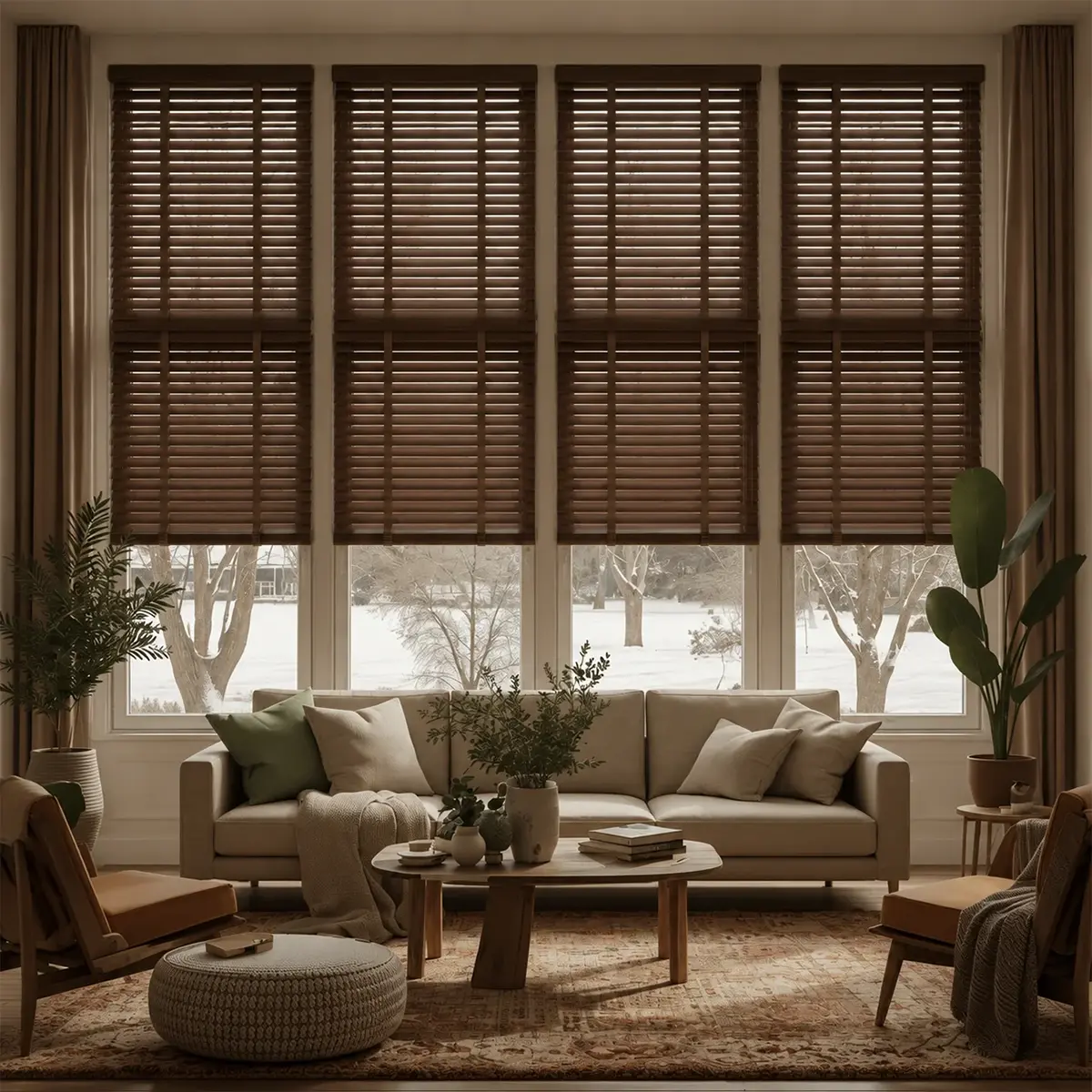 Motorized roller shade fitted in a bright living room, controlled by remote and voice assistant